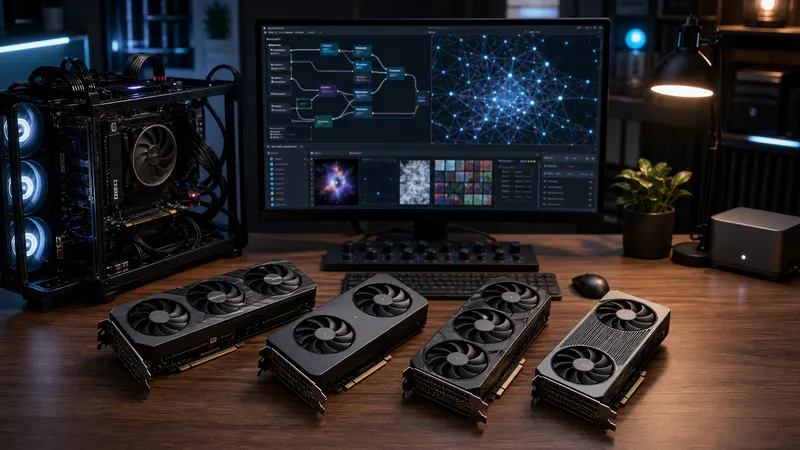 Editorial illustration of several graphics cards on a local AI workstation desk