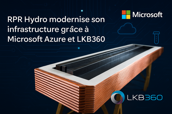 Visuel avec échangeur thermique en cuivre, titre sur la modernisation de RPR Hydro avec Azure et LKB360, logos Microsoft et LKB360 sur fond bleu à circuits imprimés.