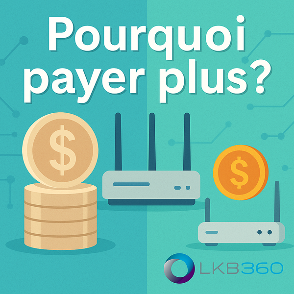 Illustration montrant deux routeurs et des pièces de monnaie avec le texte « Pourquoi payer plus ? » — comparatif visuel entre solutions réseau coûteuses et économiques, signé LKB360.