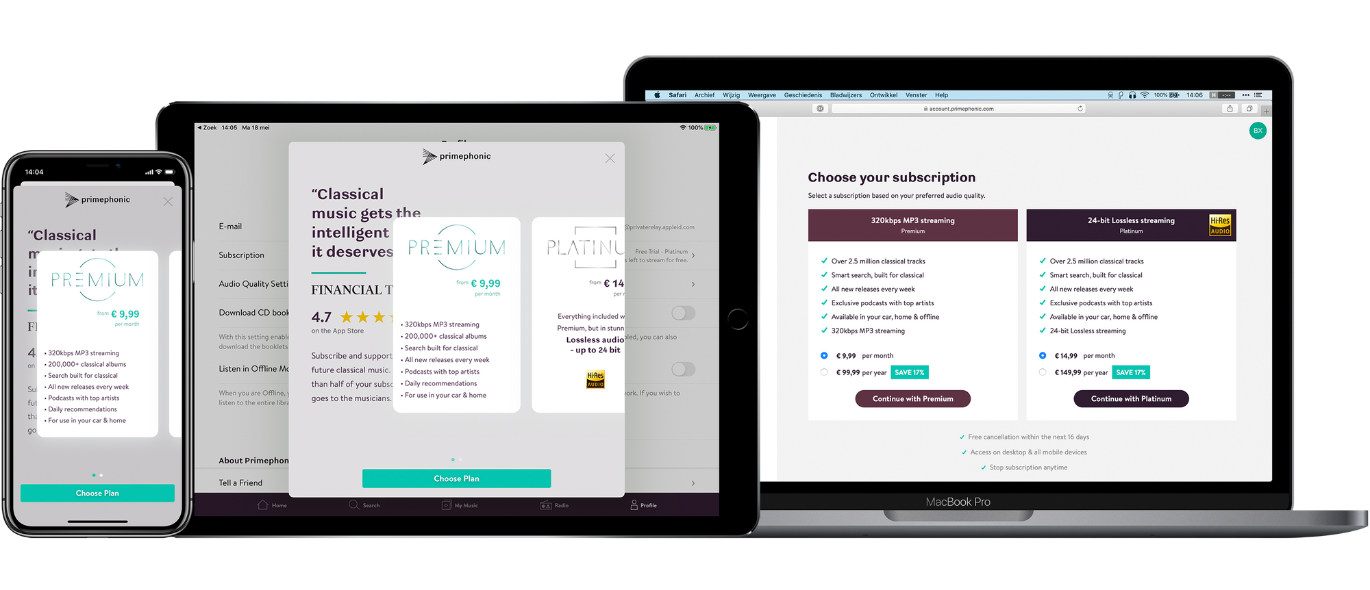 An iPhone, iPad and MacBook showing Primephonic payment screens