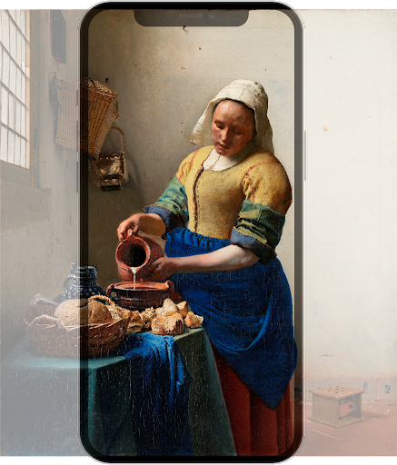 A painting with the contours of mobile phone on top of it.