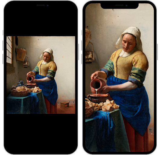 Two mobile phones beside each other diplaying an original image and the blown up version.