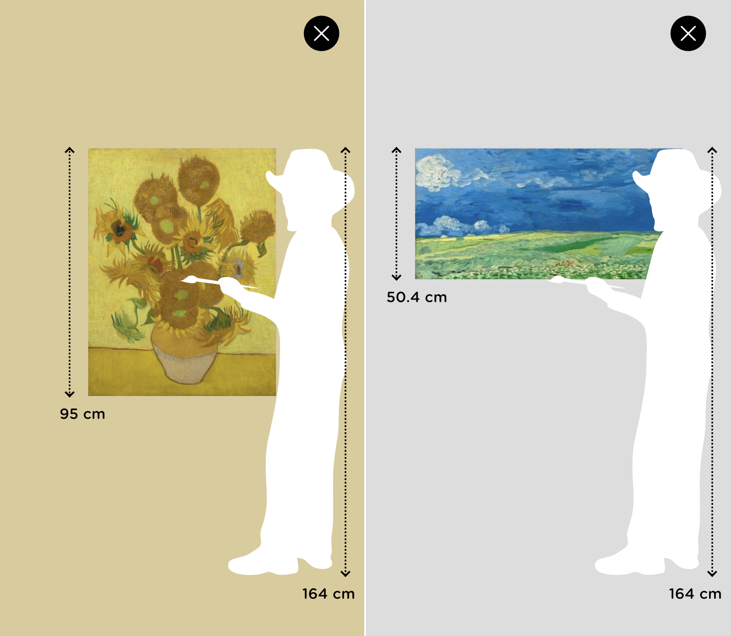 Two examples of the Van Gogh figure standing in front of the artwork