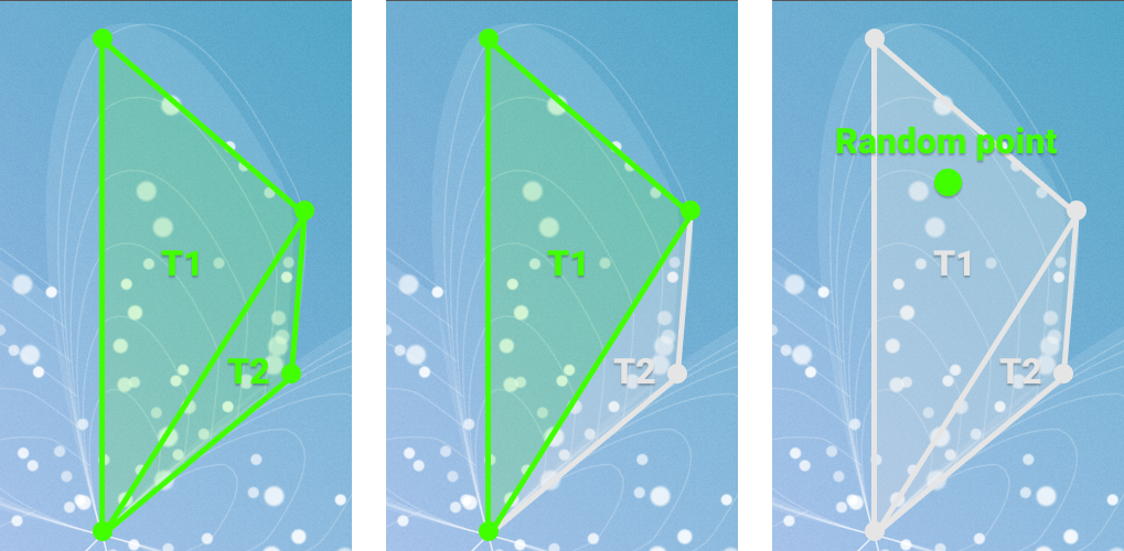 Three images of a Melati flower leaf with randomly placed points