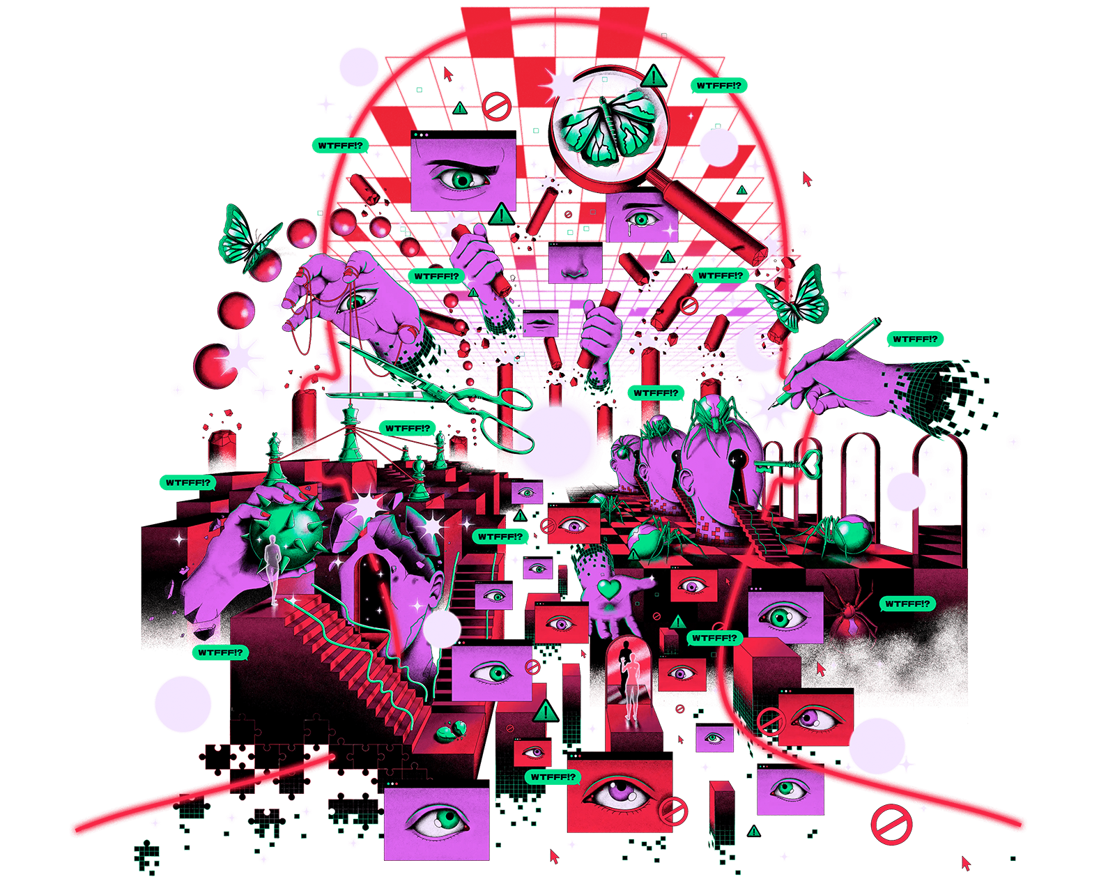 Illustration by Jonas Devacht that consists of lots of different parts, like eyes, hands, heads.