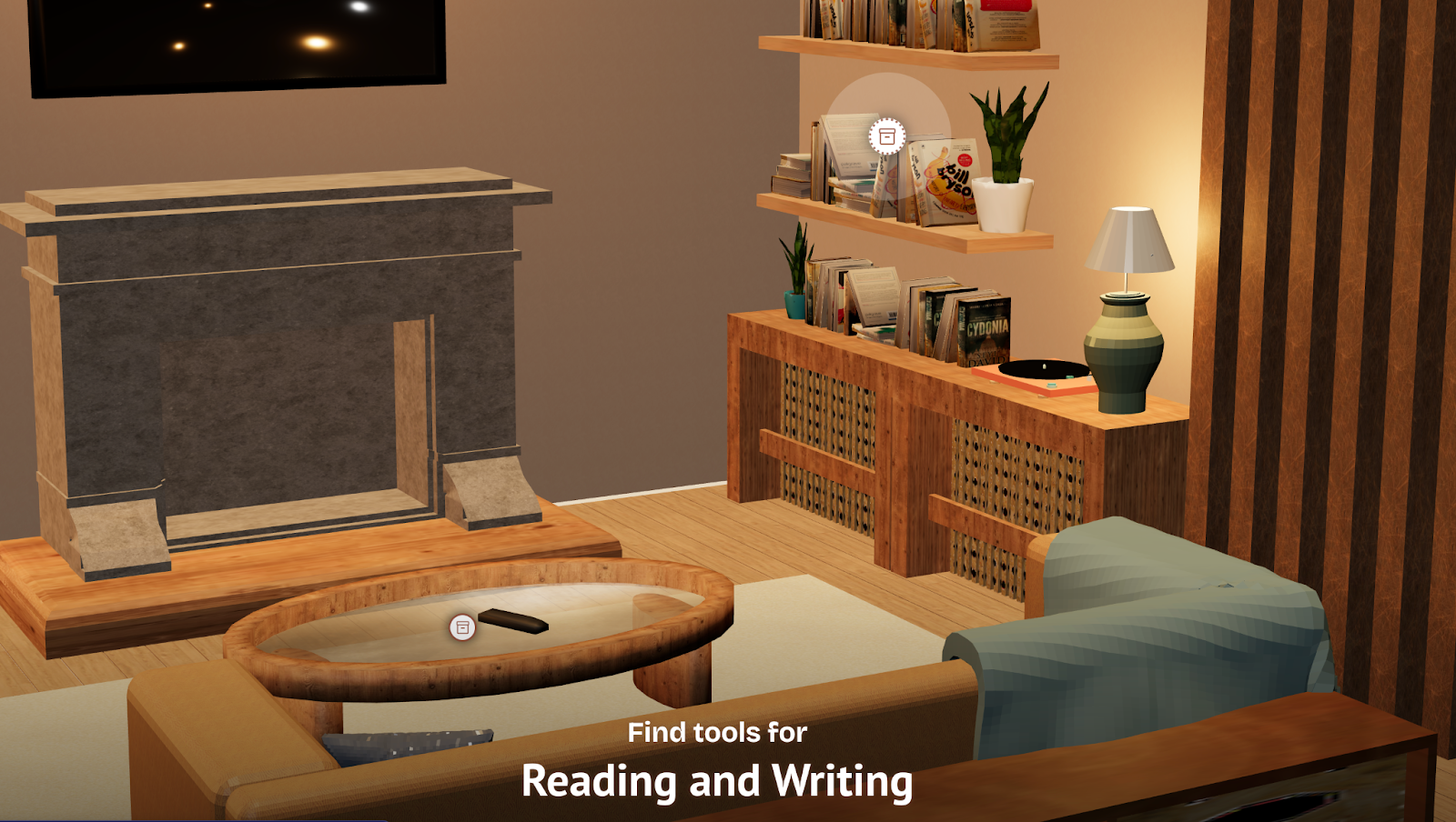 Image from the app with a living room that has some hotspots.