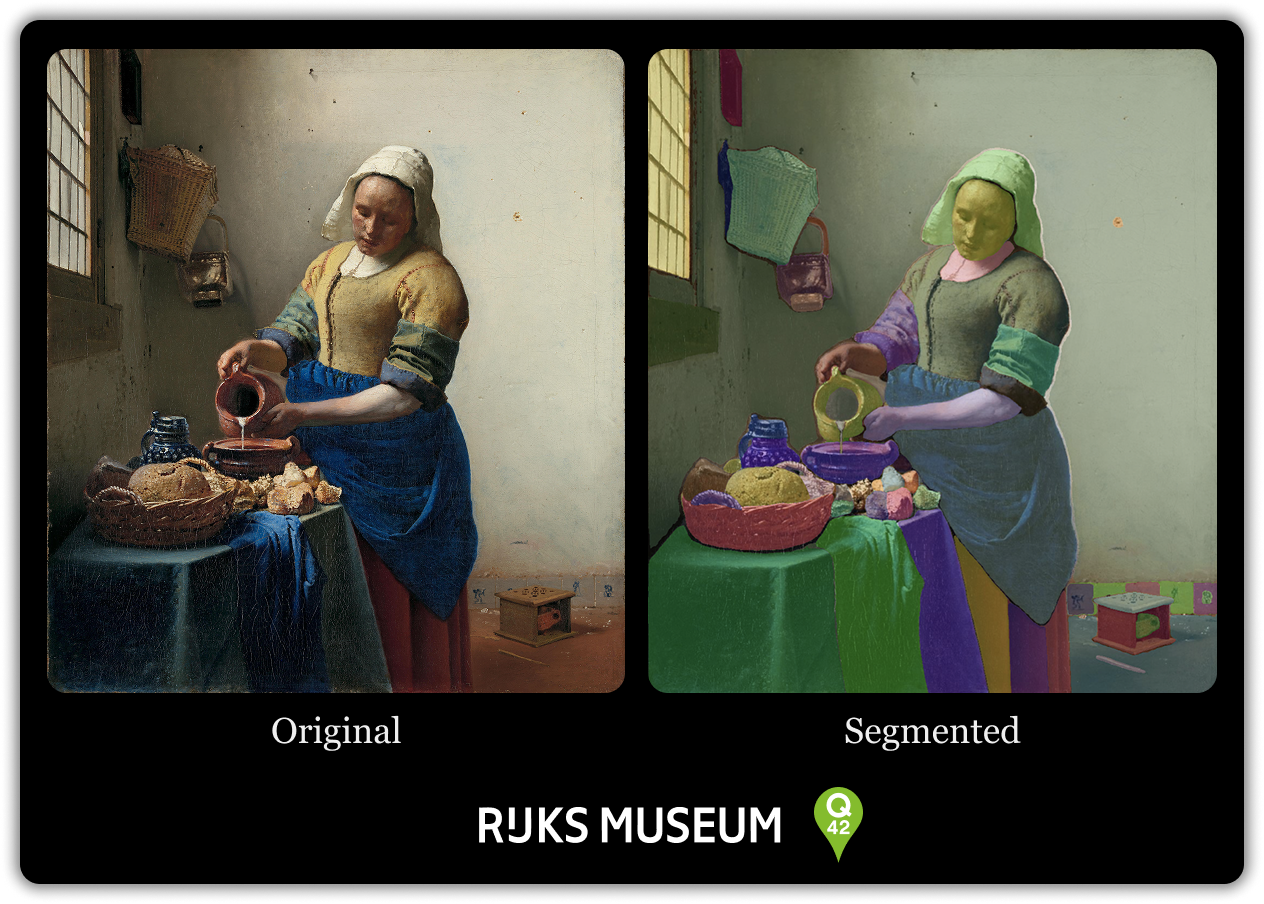 Two pictures of "The Milkmaid" by Vermeer: left the original painting, right the segmented version.