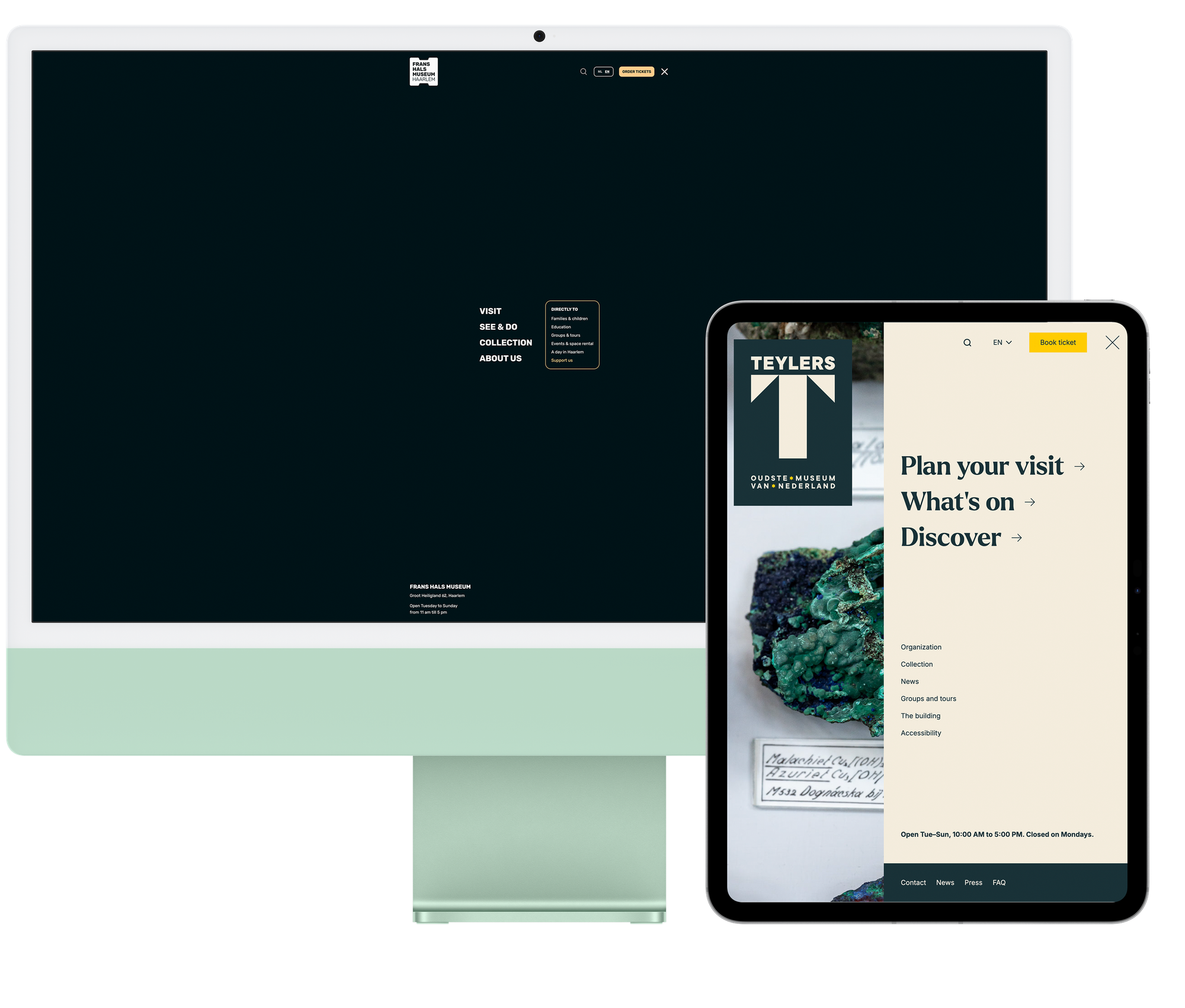 Desktop and tablet with the websites of the Frans Hals Museum and Teylers Museum.