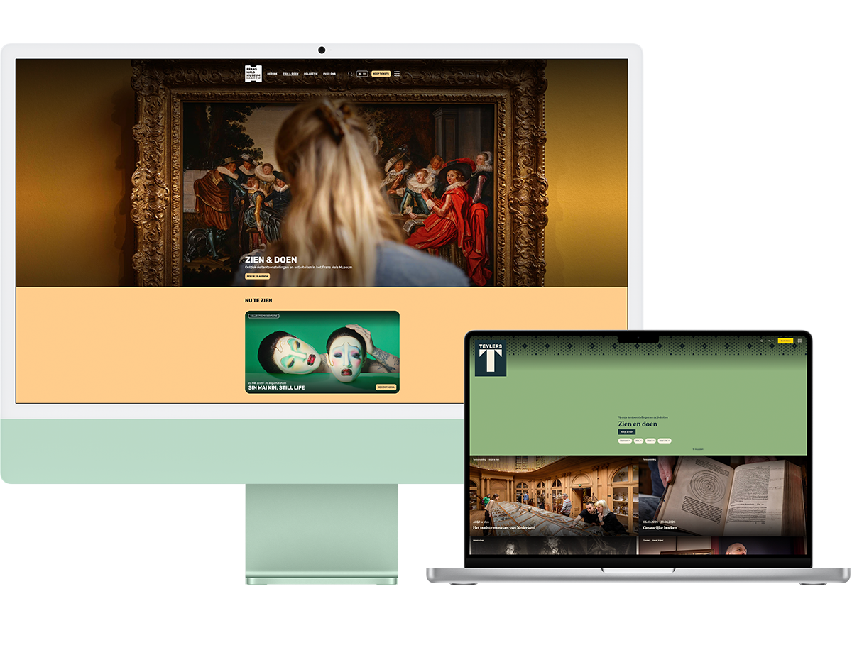 Desktop and laptop with the websites of the Frans Hals Museum and Teylers Museum.
