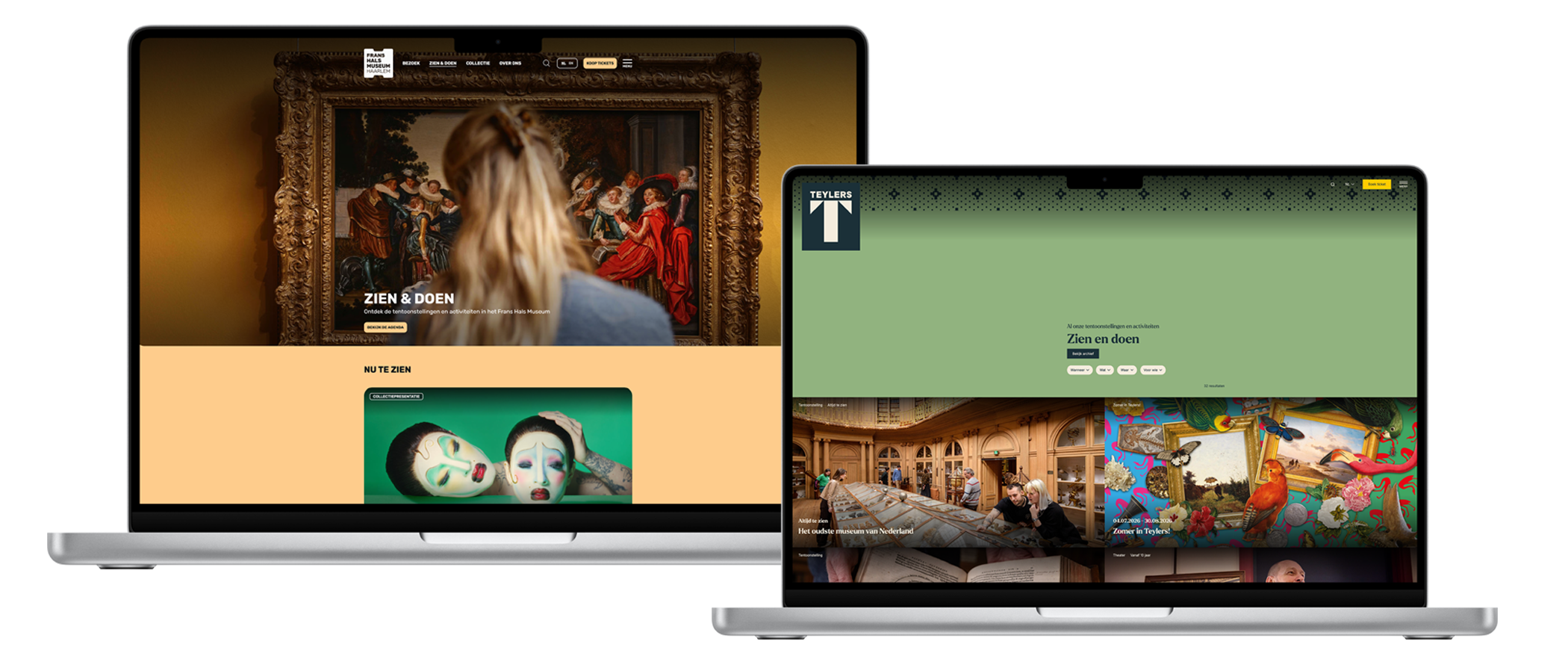 Desktop and laptop with the websites of the Frans Hals Museum and Teylers Museum.