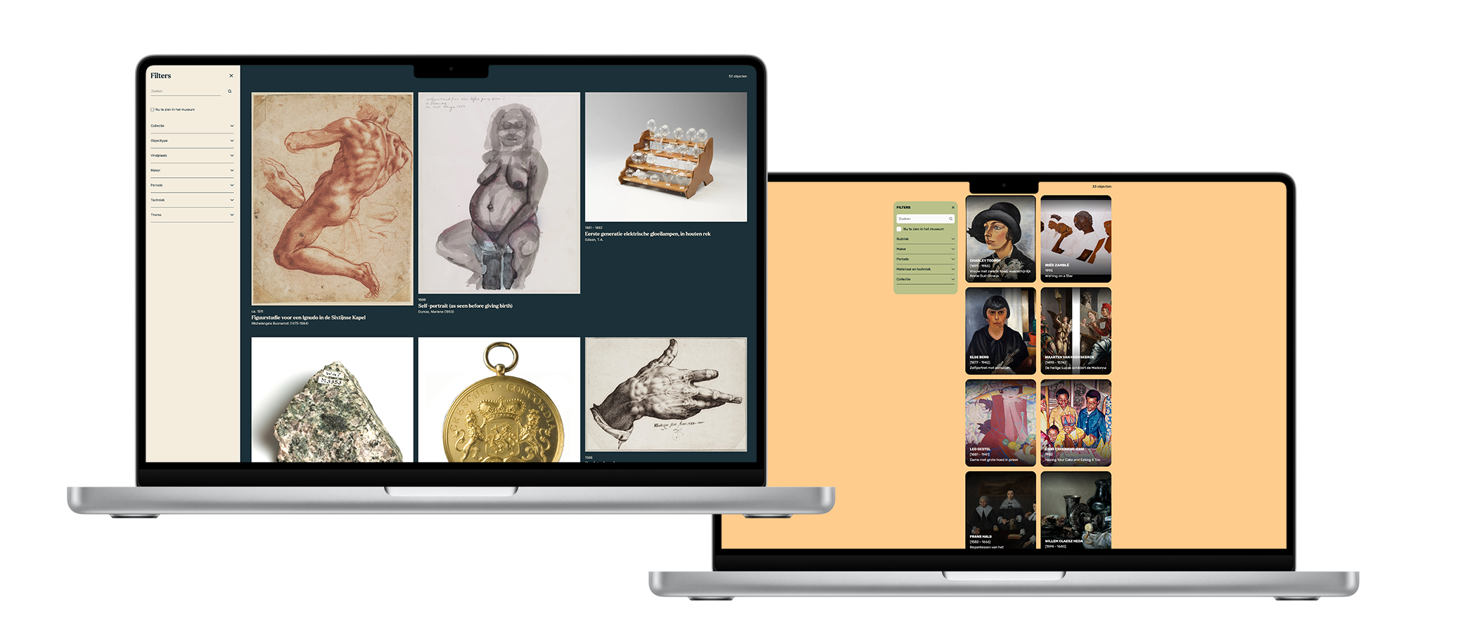 Two laptops showing the collection highlight pages and interactive filter menus for the Frans Hals Museum and Teylers Museum.