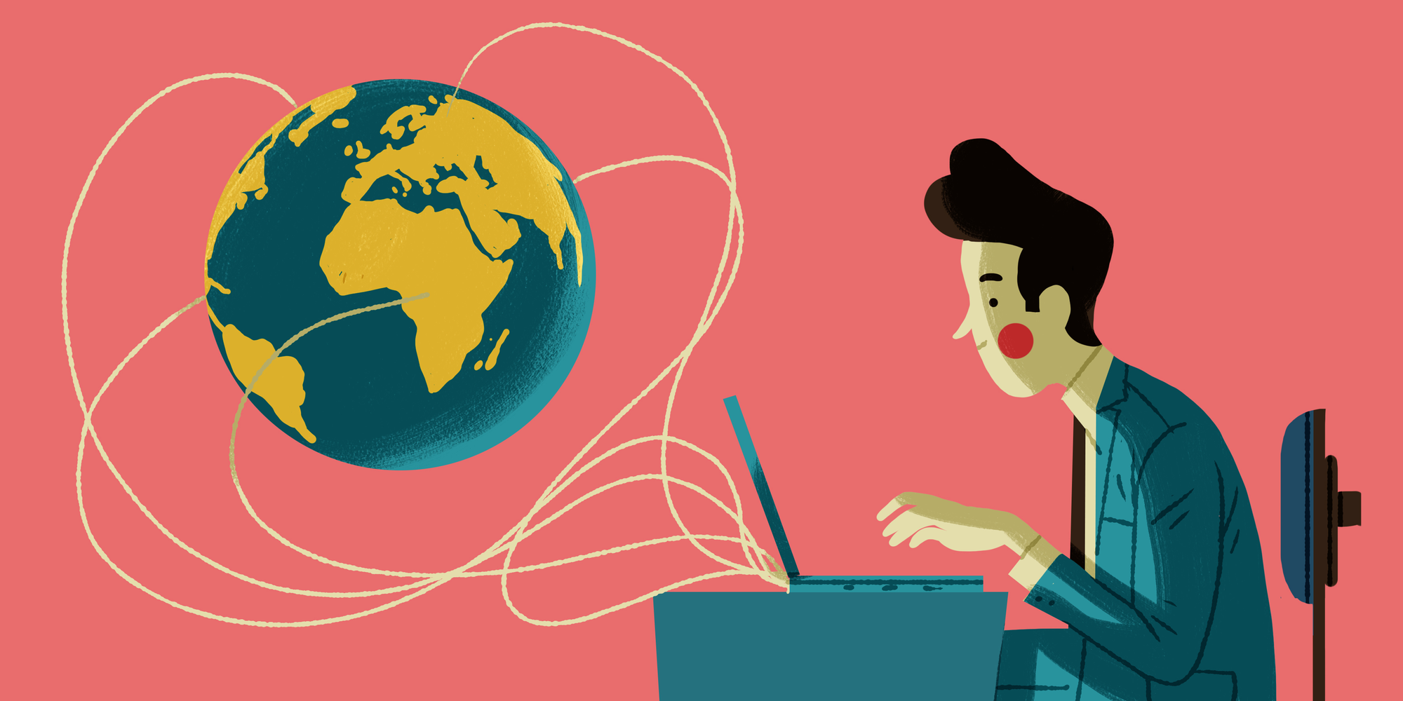 Illustration of a developer behind a laptop with threats connecting his device to an image of the earth.