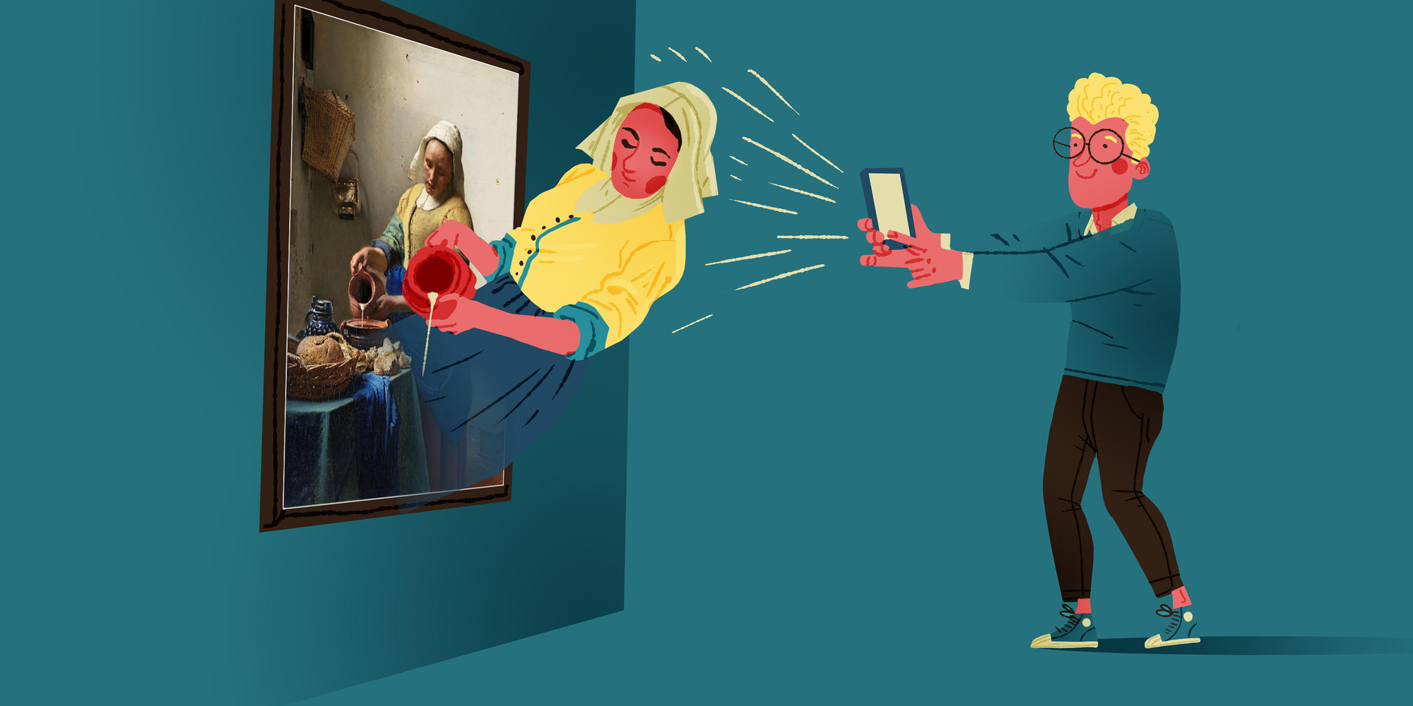 Illustration of a man with a phone in his hands pointed at a painting picturing a woman who seems to emerge from the painting.