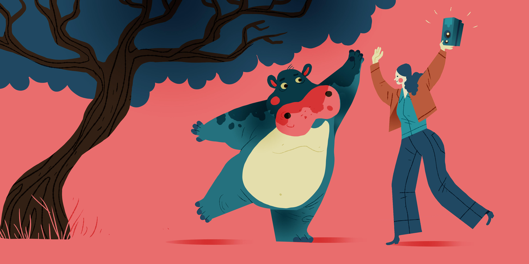Illustration of a hippo and a woman who give each other a high five. 