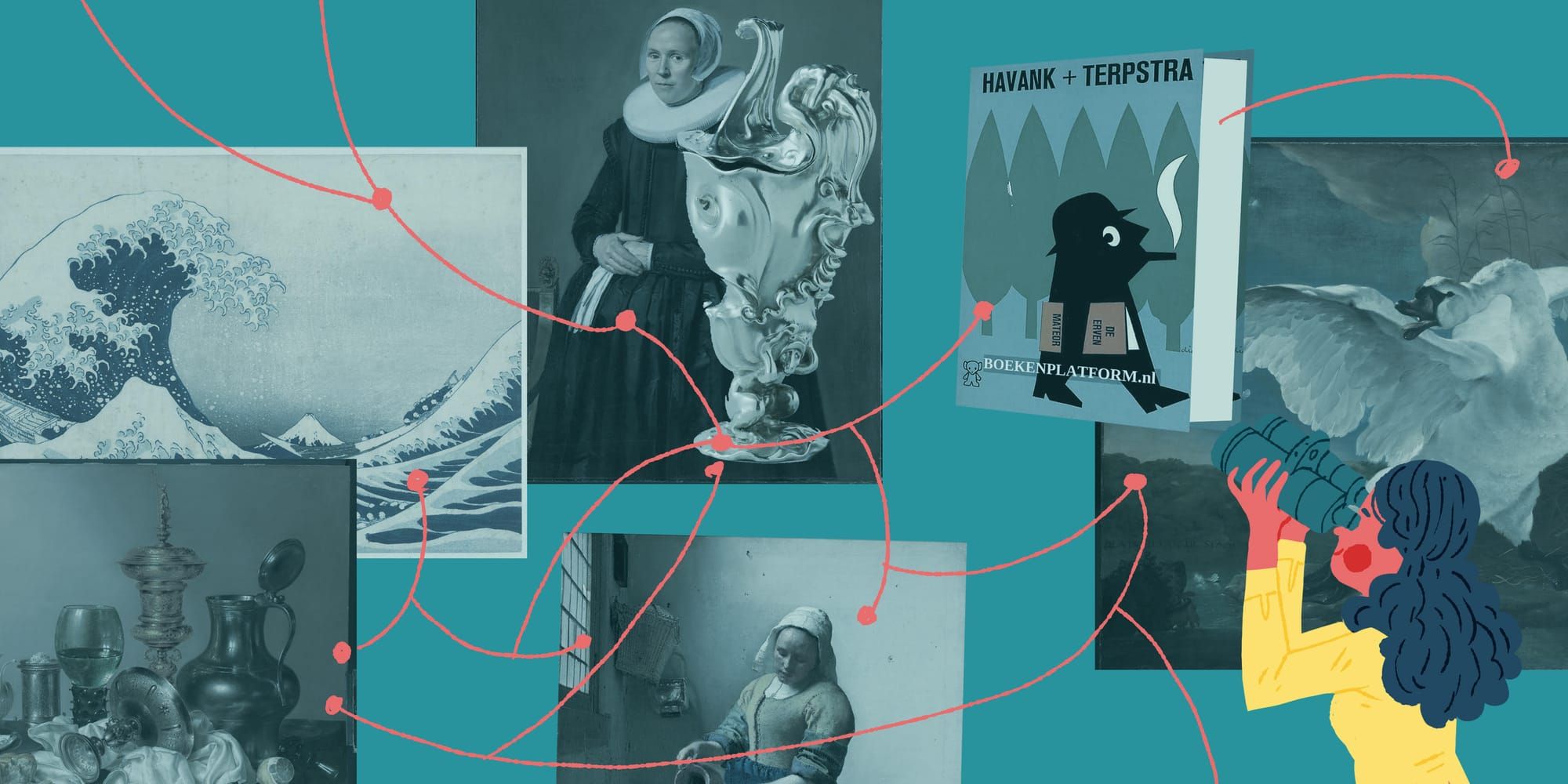 Illustration of a woman with binoculars looking at cultural objects like paintings which are connected with lines.