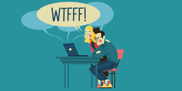 A woman and a man behind a laptop with a speech bubble saying WTFFF!