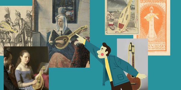 Illustration of a man pointing to several artworks with a guitar that is outlined by a bright yellow line.