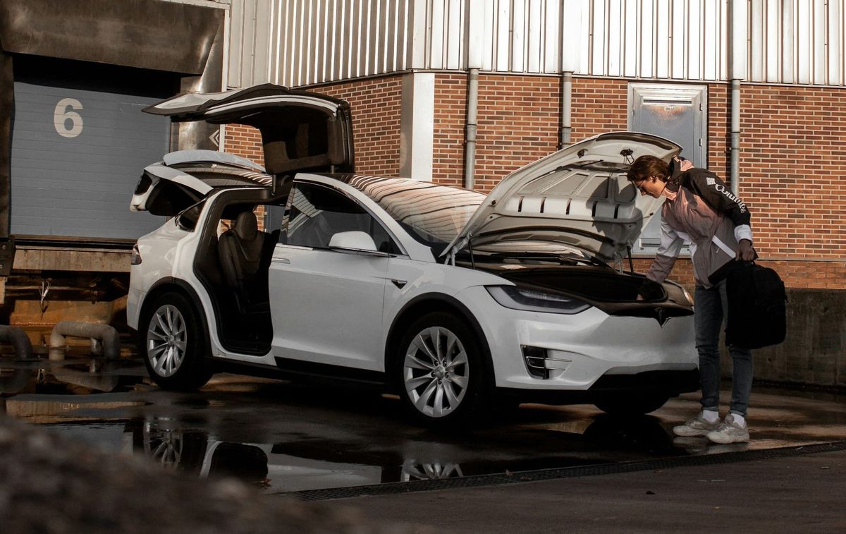 Model X with gull wing doors and frunk open