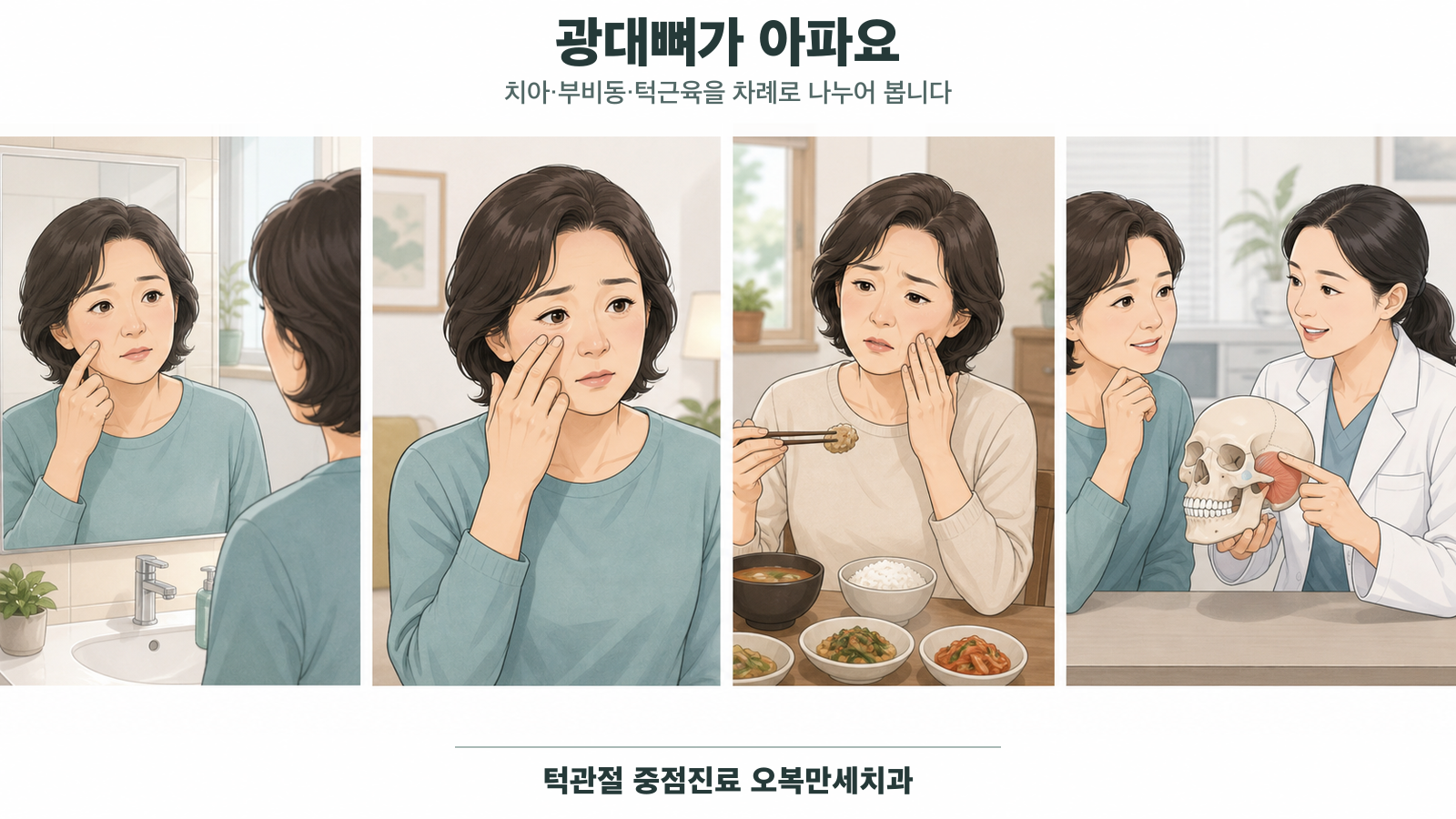 한쪽 광대뼈 아래가 아픈 중년 여성이 눈밑과 코 증상, 위쪽 치아와 씹을 때 통증을 구분한 뒤 진료받는 4칸 의료 웹툰
