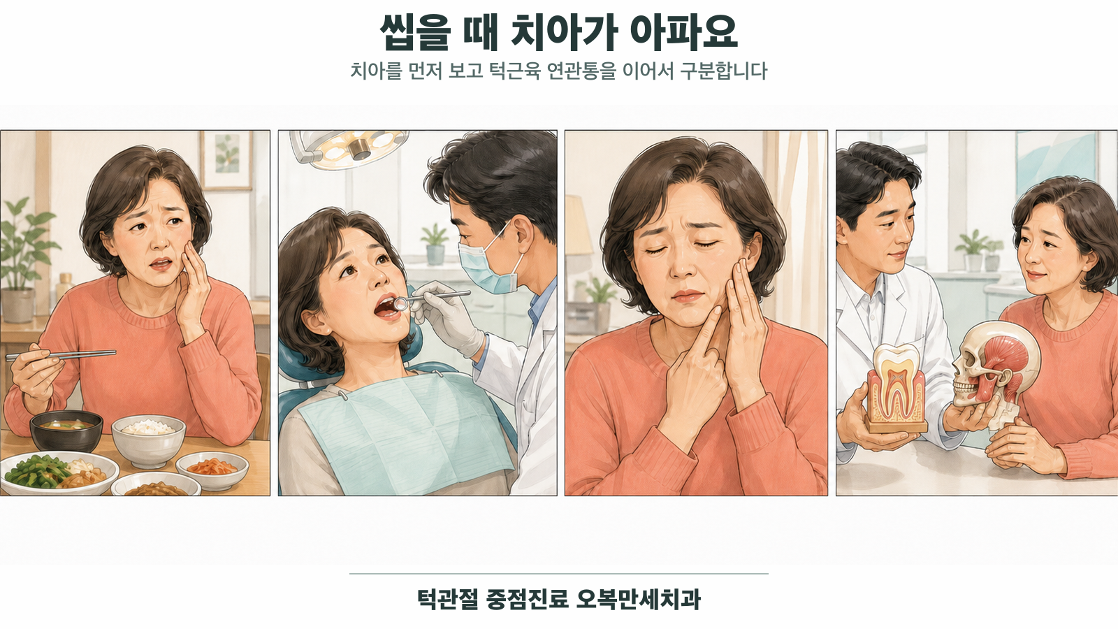 씹을 때 어금니 통증을 느낀 중년 여성이 치아와 잇몸 검사를 받고 턱근육에서 전달되는 치통 가능성을 비교 설명받는 4칸 의료 웹툰