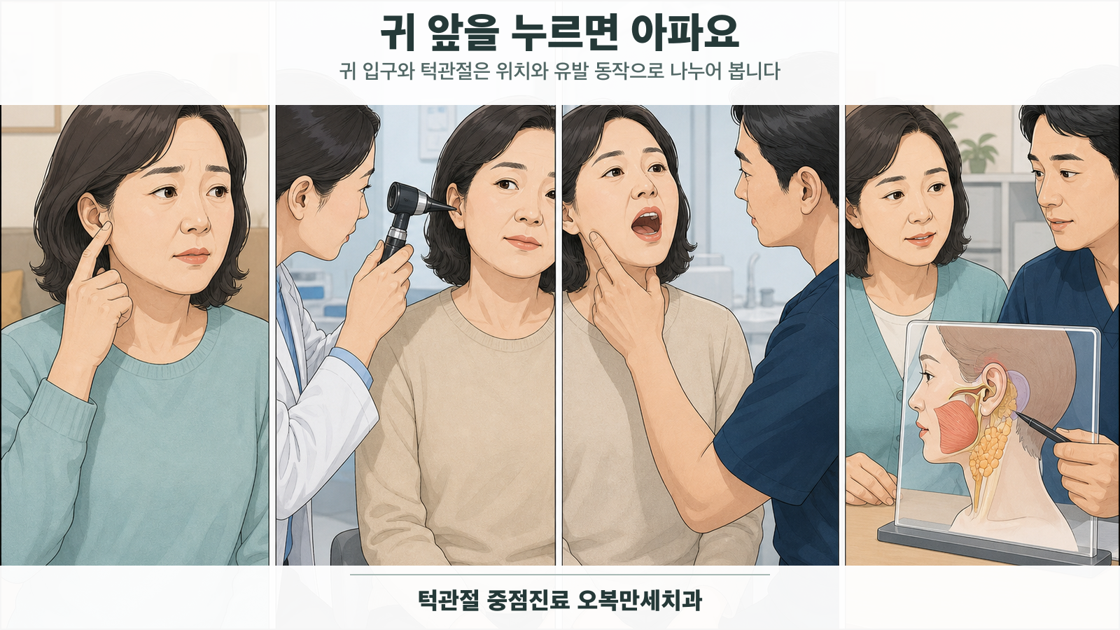 귀 앞을 손가락으로 가리킨 중년 여성이 이비인후과 귀 검사와 치과 턱 움직임 검사를 받은 뒤 귀 입구·턱관절·볼 근육·귀밑 침샘 위치를 비교하는 4칸 의료 웹툰