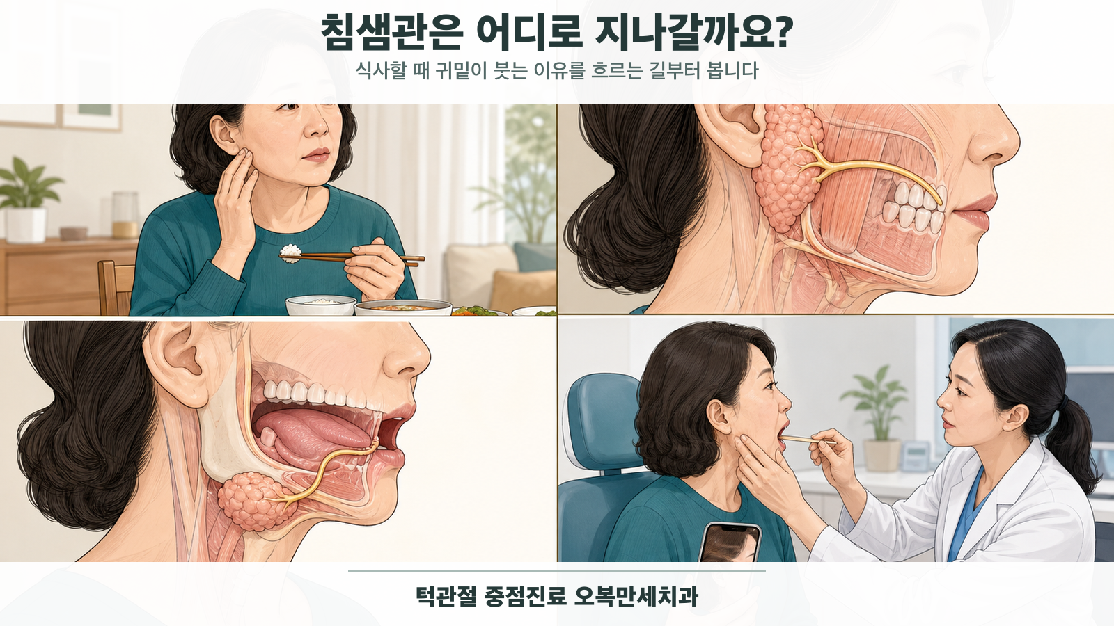 식사할 때 귀밑 부기를 느낀 중년 여성이 이하선관과 턱밑샘관의 경로를 살펴보고 진료실에서 식사 시점과 침샘관 입구를 확인받는 4칸 의료 웹툰