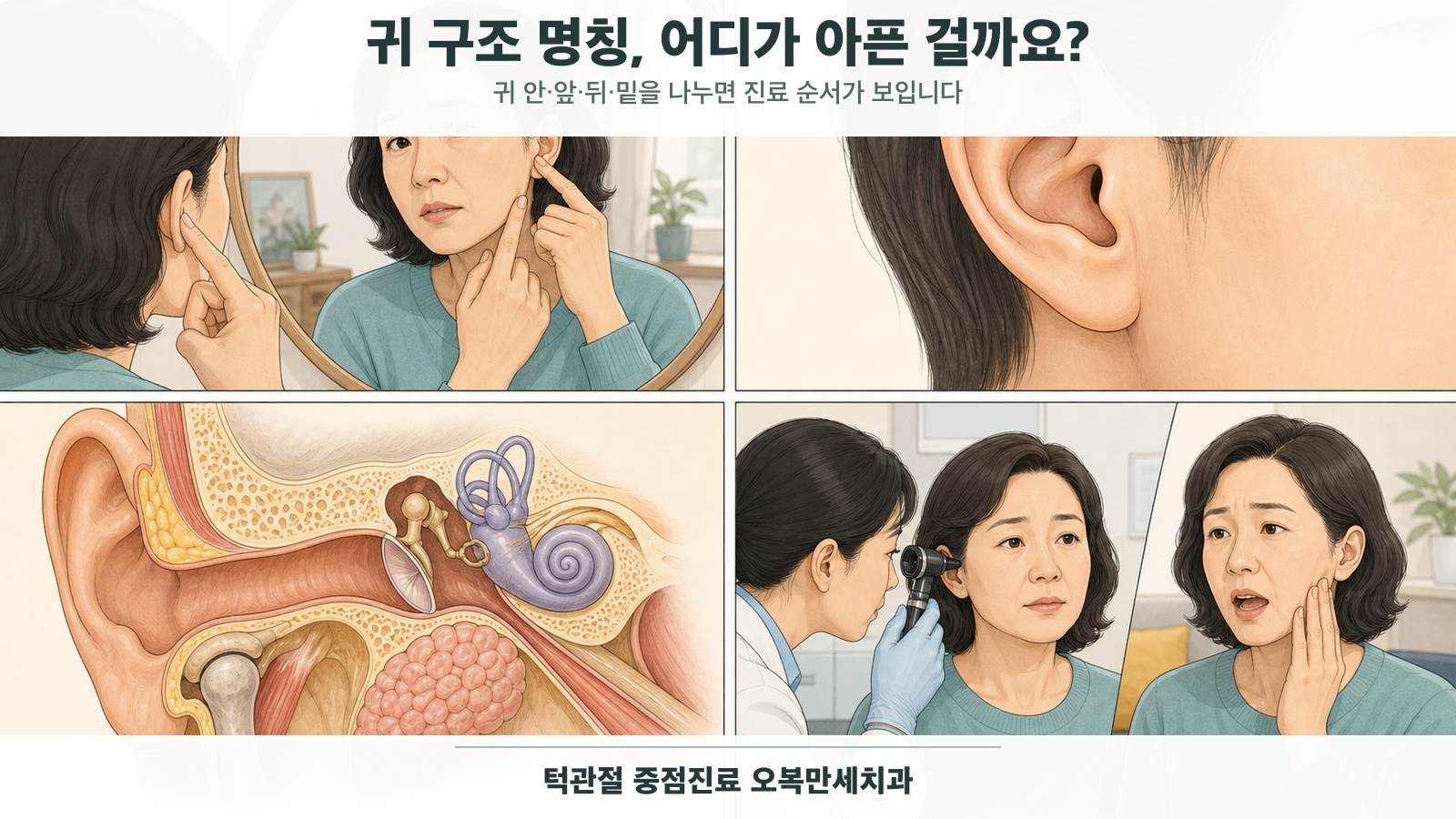 거울로 귀 앞·뒤·밑 위치를 확인하는 중년 여성이 귓바퀴와 외이도, 중이와 내이, 귀 앞 턱관절과 귀밑 이하선의 관계를 살펴보고 이비인후과 검사를 받는 4칸 의료 웹툰