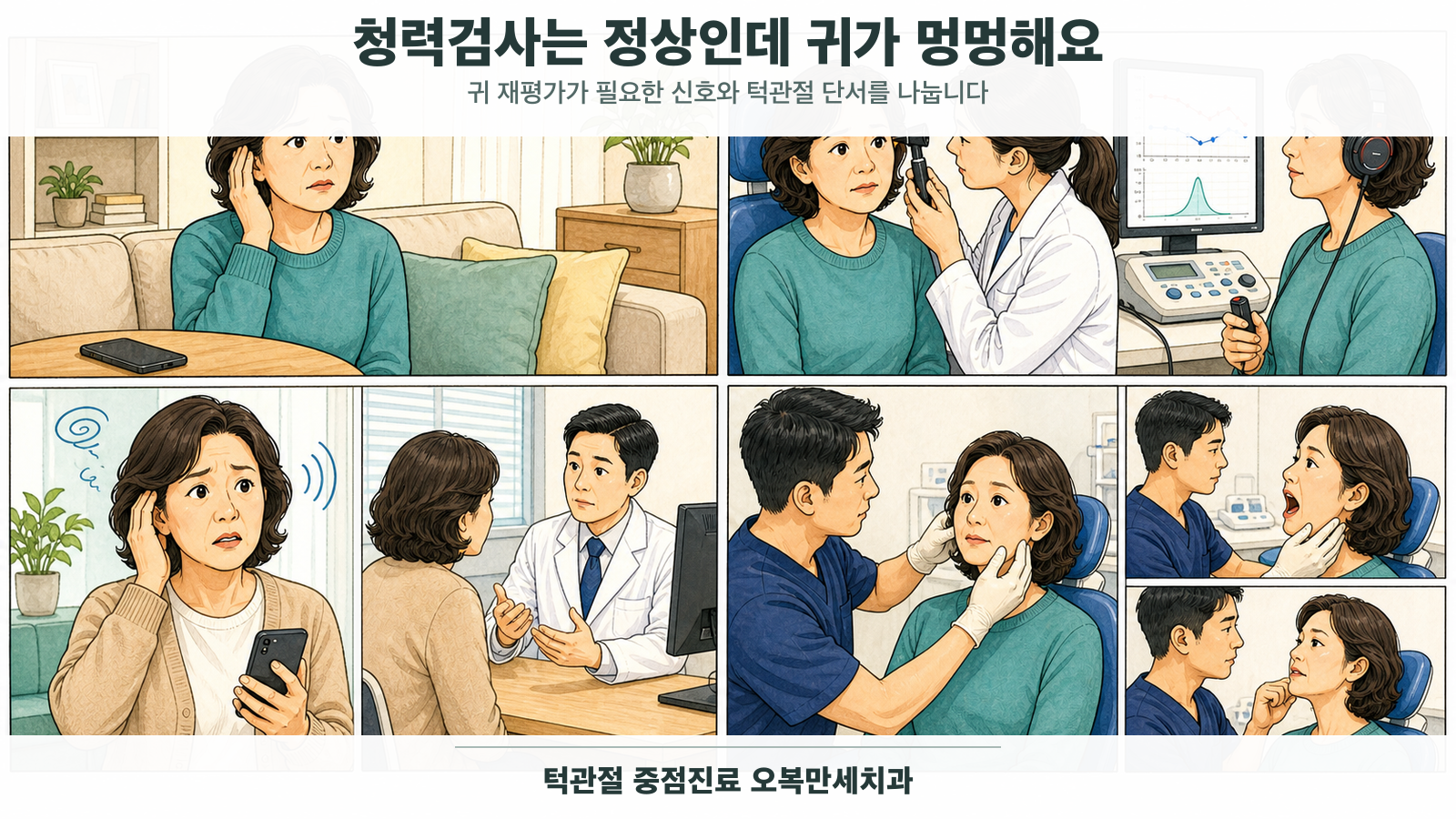 청력검사는 정상이지만 귀가 멍멍한 중년 여성이 이비인후과 귀·청력 검사를 받고 갑작스러운 청력 변화의 재평가와 턱 기능 검사를 순서대로 확인하는 의료 웹툰