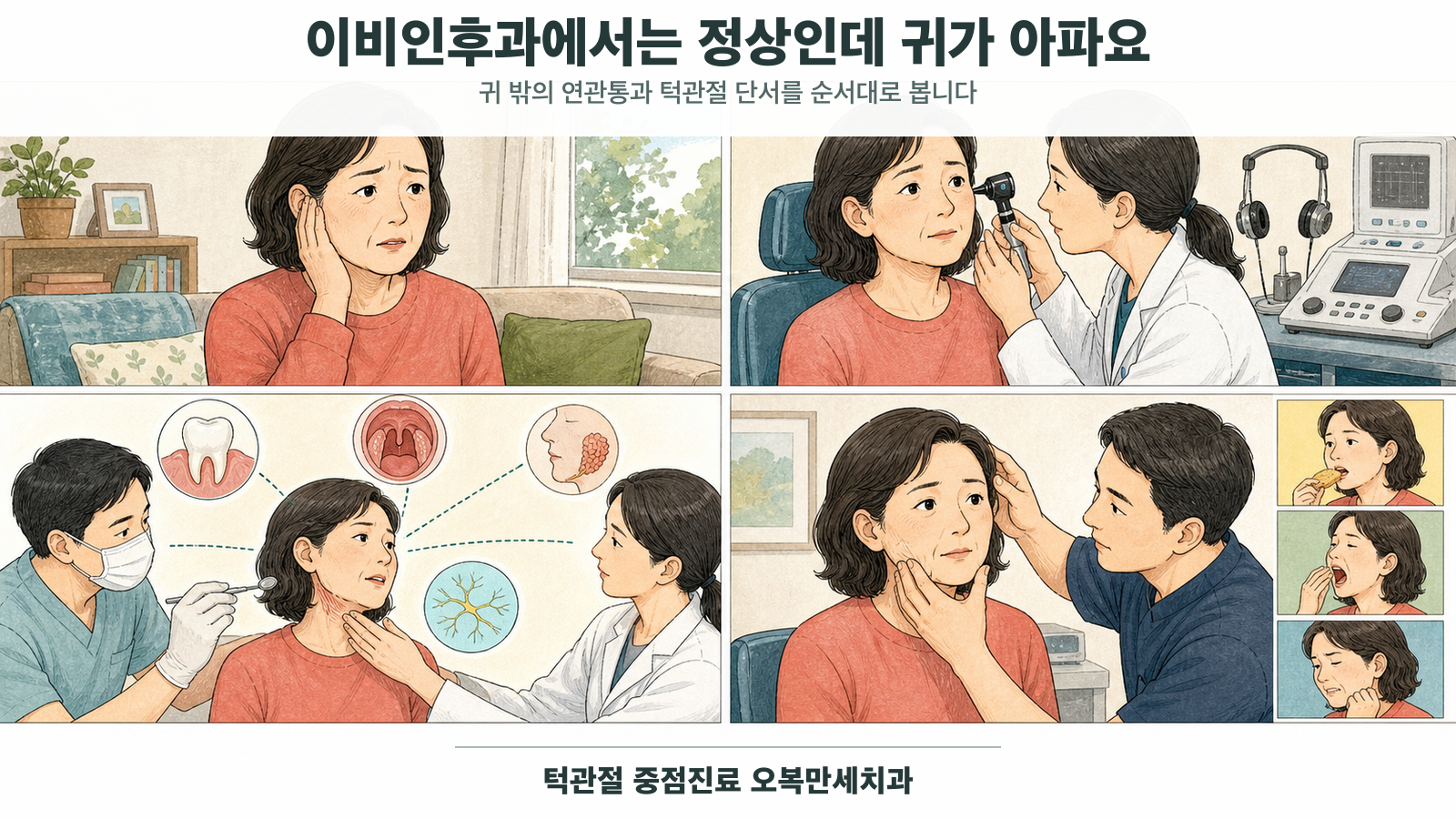 귀가 계속 아픈 중년 여성이 이비인후과 귀 검사를 받고 치아·목·인후의 연관통을 감별한 뒤 턱 움직임과 저작근을 검사하는 4칸 그림형 의료 웹툰