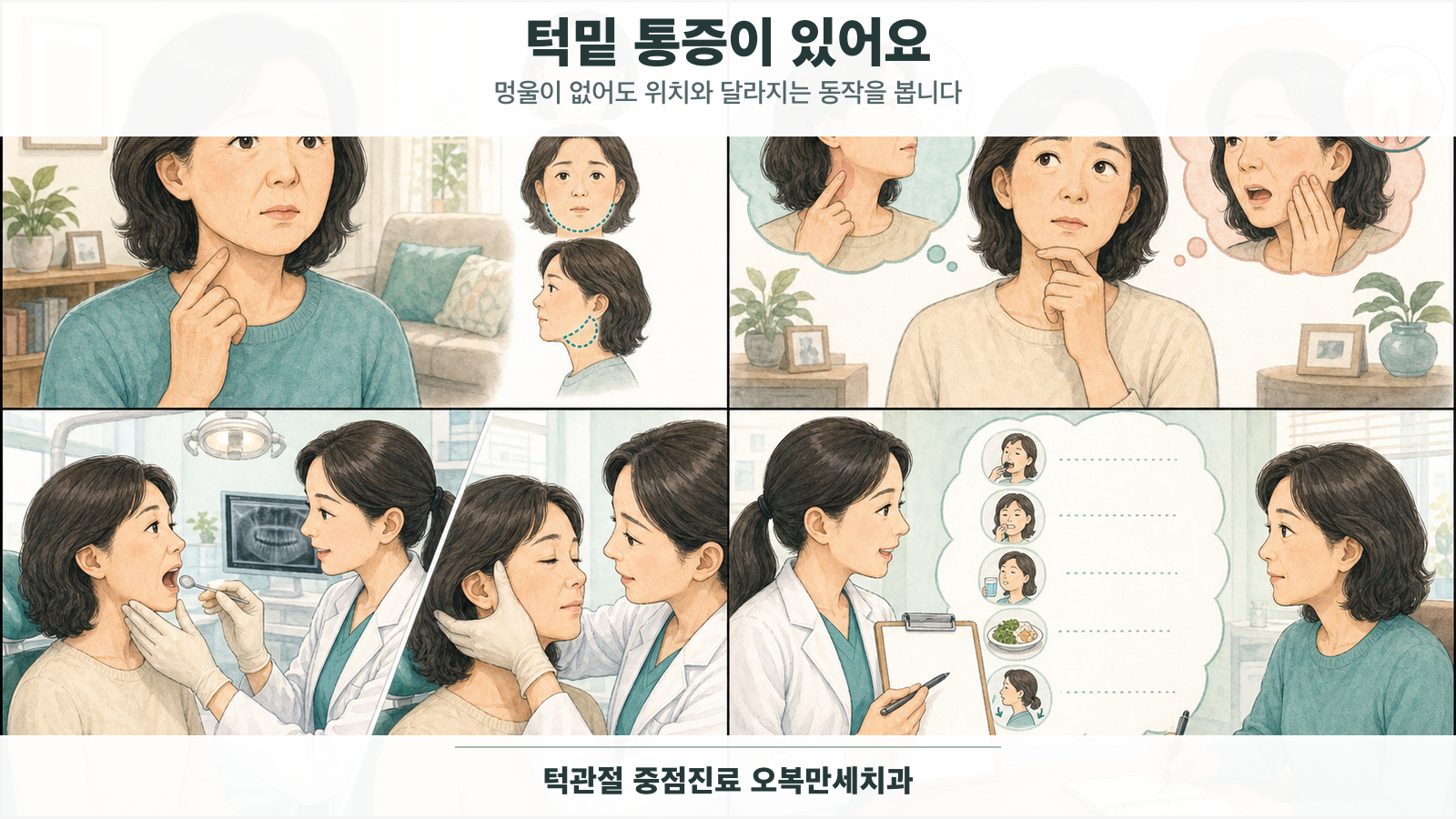 턱밑 통증을 느낀 중년 여성이 앞·가운데·뒤 위치를 가리키고 침샘·치아 증상을 구분한 뒤 턱 움직임과 턱밑 근육 검사를 받는 4칸 그림형 의료 웹툰