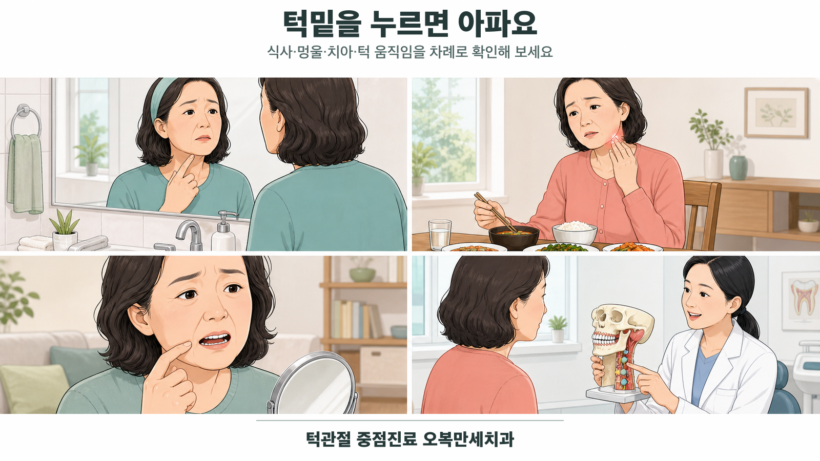턱밑을 누르면 아픈 중년 여성이 식사 때 부기, 아래 어금니 증상, 턱밑 근육과 목 경계를 차례로 확인하는 4칸 의료 웹툰