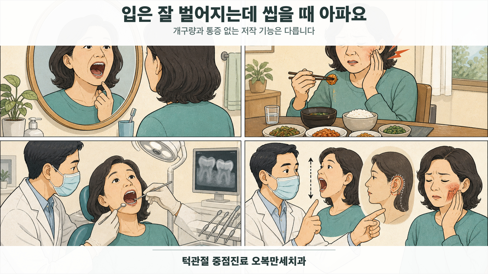 입은 잘 벌어지지만 반복해서 씹을 때 귀 앞과 볼의 턱 통증을 느끼는 중년 여성이 치아·턱관절·저작근 검사를 받는 4칸 의료 웹툰
