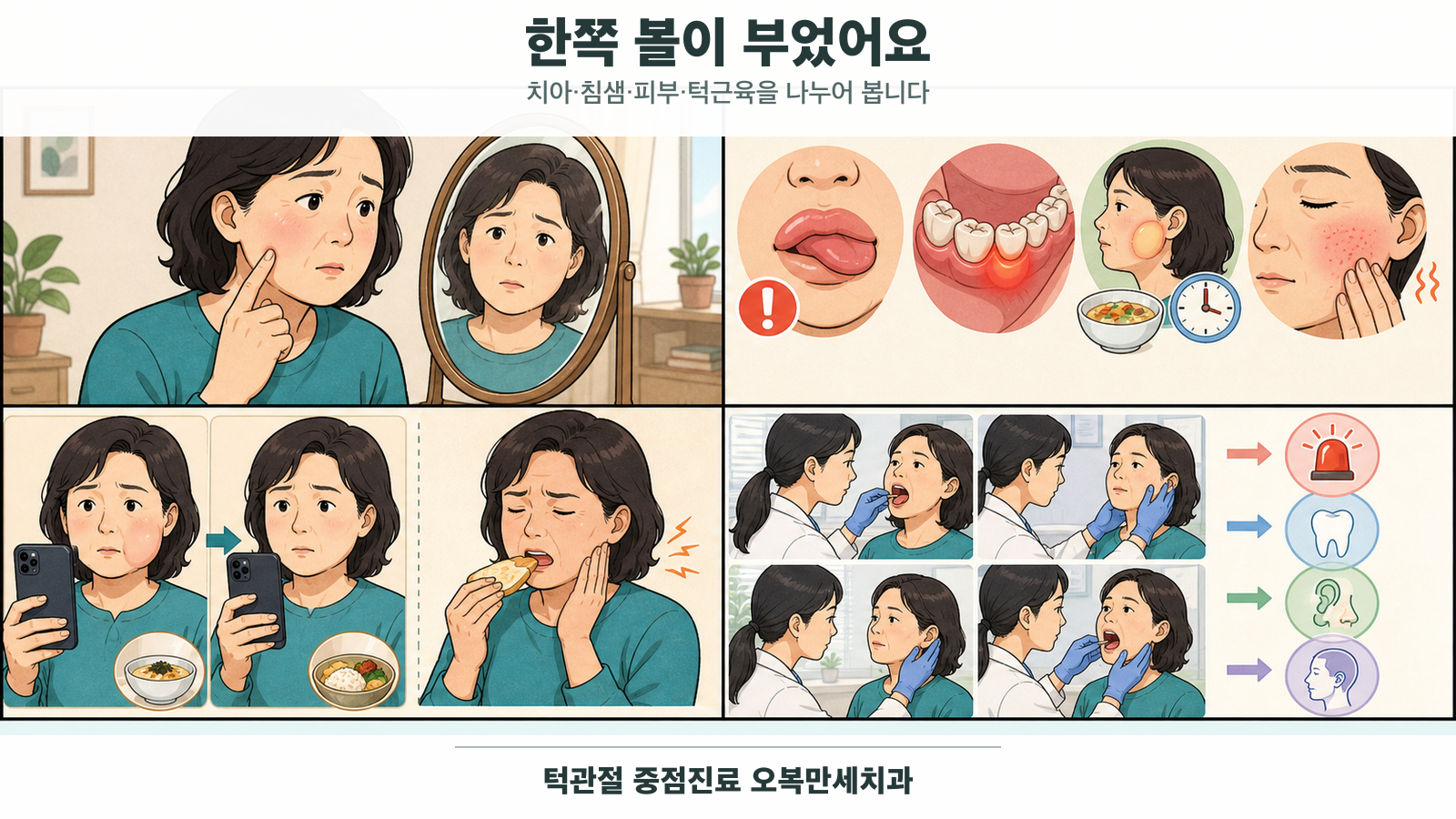 한쪽 볼이 부은 중년 여성이 알레르기·치아와 잇몸·침샘·피부·저작근 변화에 따라 진료 순서를 확인하는 4칸 그림형 의료 웹툰