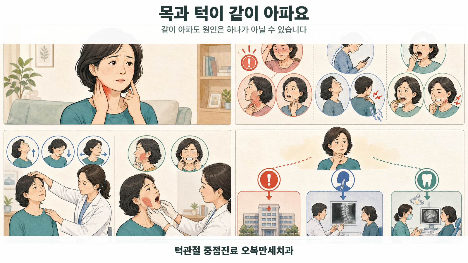 목과 턱이 같이 아픈 중년 여성이 위험 신호와 목 움직임·턱 기능 단서를 나눈 뒤 목과 턱을 각각 검사받고 진료 순서를 정하는 4칸 그림형 의료 웹툰