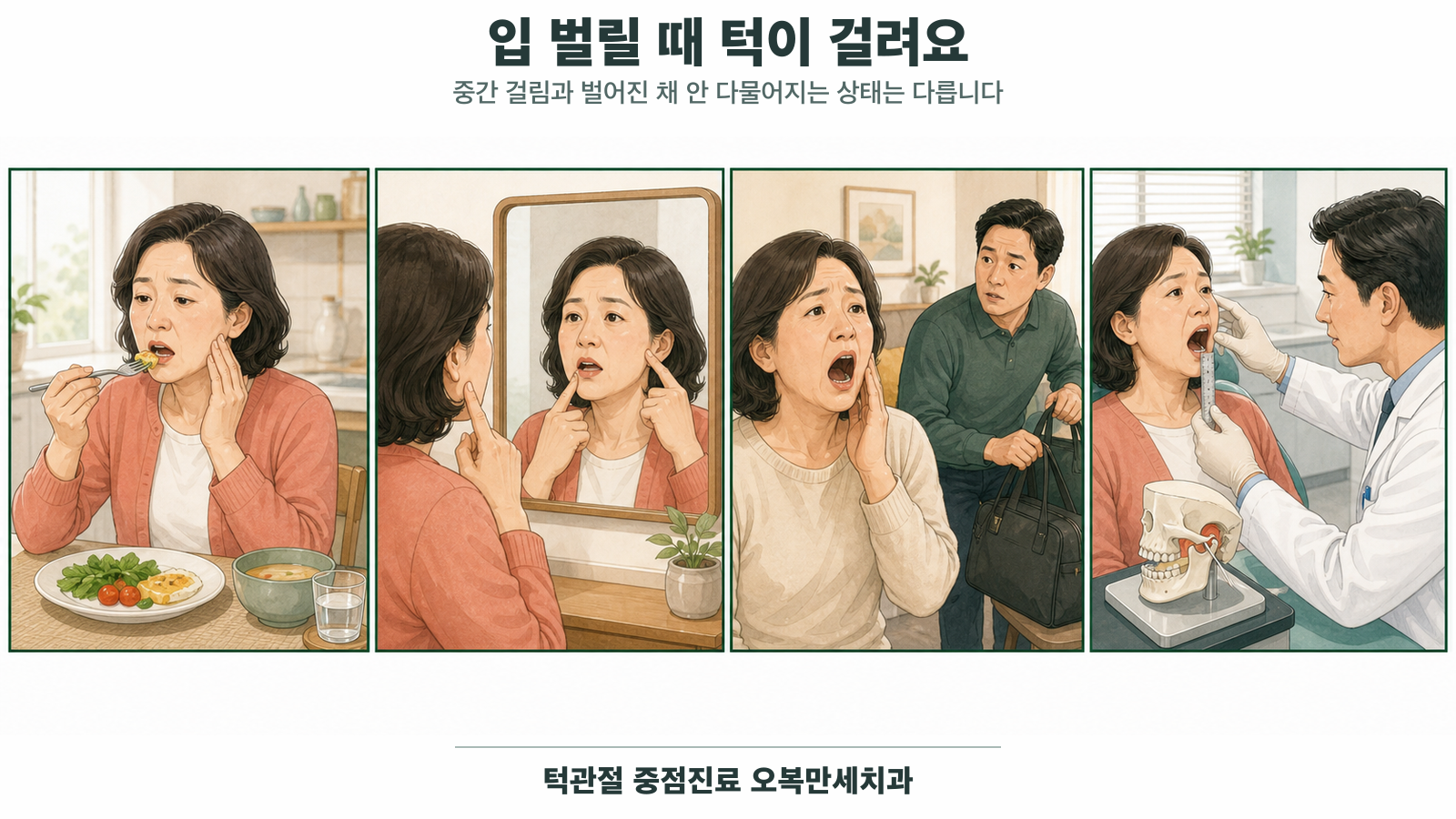 입을 벌리다 턱이 중간에서 걸린 중년 여성이 걸리는 지점과 편위를 확인하고 벌어진 채 다물어지지 않는 상황과 치과 개구량 검사를 구분하는 4칸 의료 웹툰