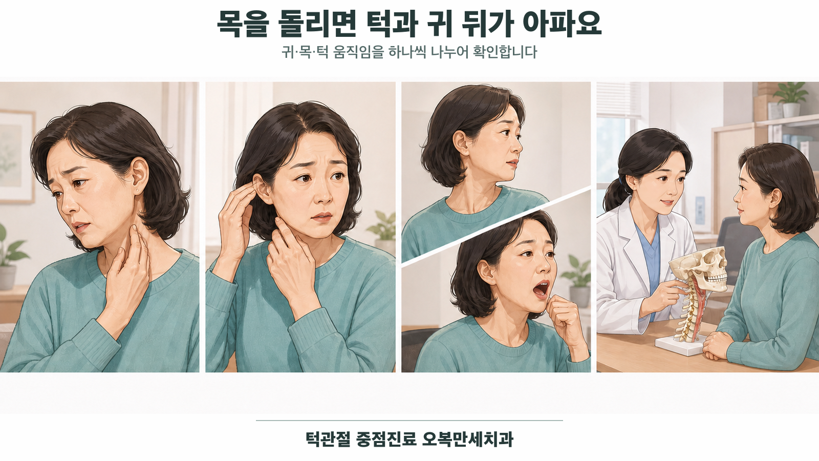 고개를 돌릴 때 목 옆에서 귀 뒤와 턱까지 아픈 중년 여성이 귀 증상과 목 움직임, 턱 움직임을 구분한 뒤 진료받는 4칸 의료 웹툰