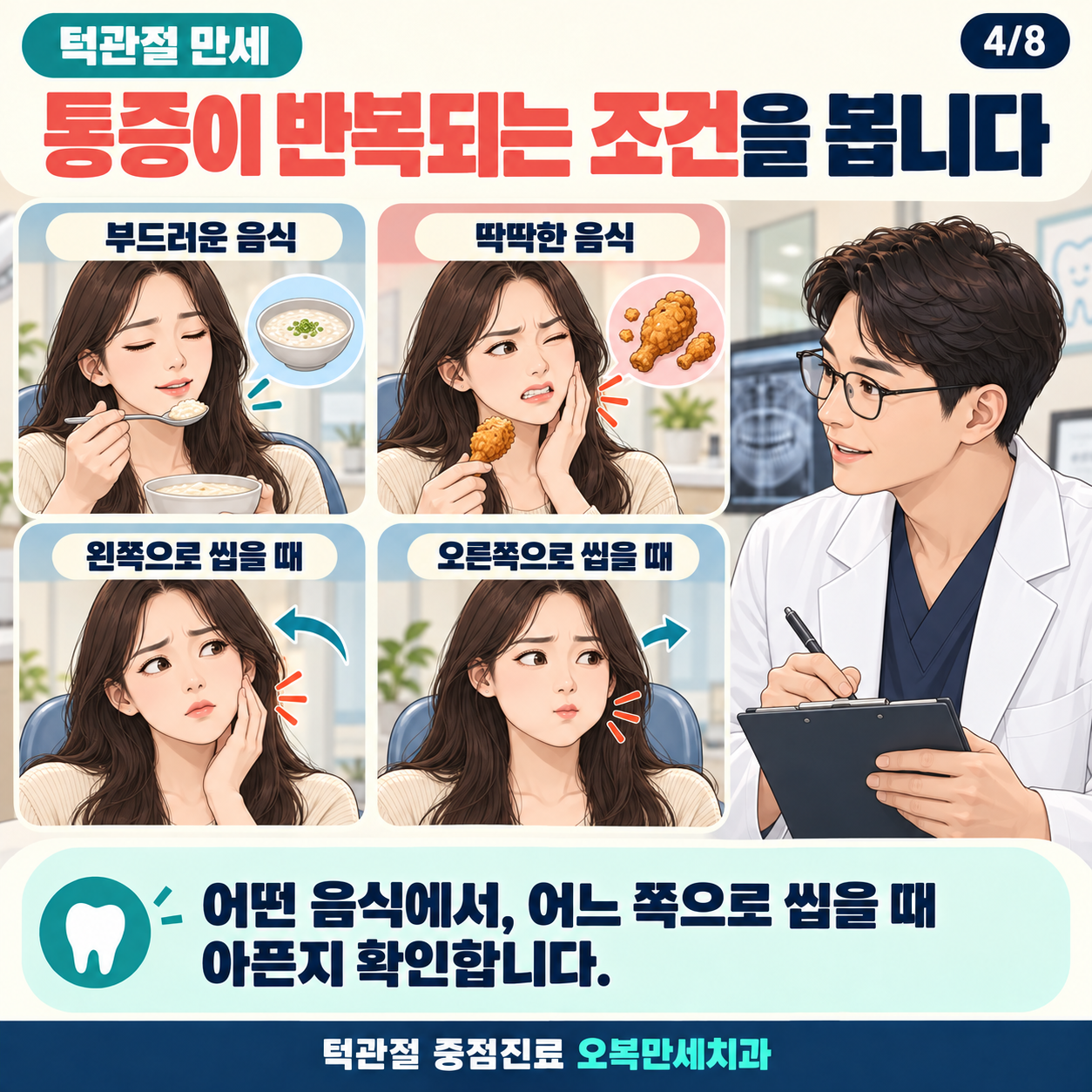 어떤 음식과 씹는 방향에서 통증이 반복되는지 확인하는 그림
