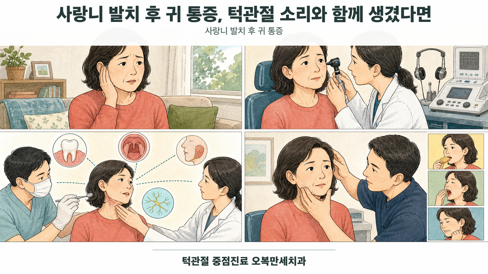 사랑니 발치 뒤 턱관절과 귀 주변 불편을 기록하고 턱을 편한 범위에서 여는 과정을 설명하는 의료 그림