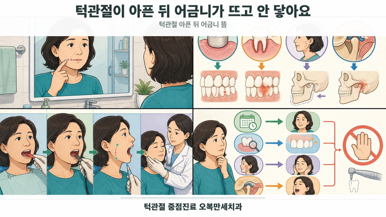 어금니 접촉이 달라진 느낌과 턱 움직임을 함께 확인하는 의료 그림