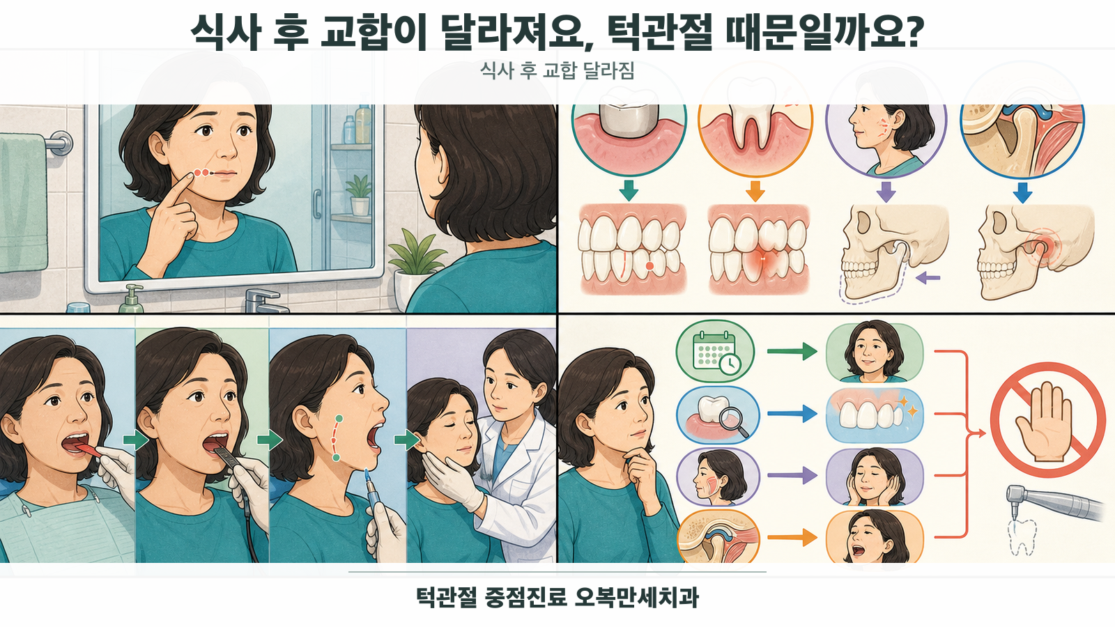 식사 전후와 자세에 따라 달라지는 치아 접촉 느낌을 비교하는 의료 그림