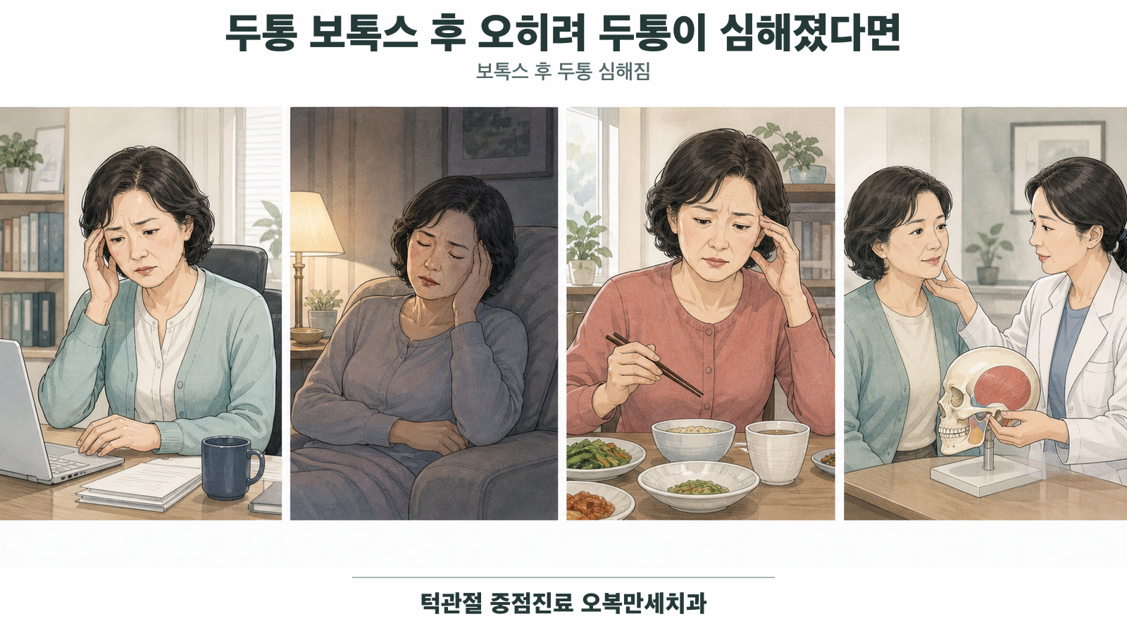 보톡스 뒤 두통에서 응급 신호와 턱·목 긴장을 구분하는 의료 그림