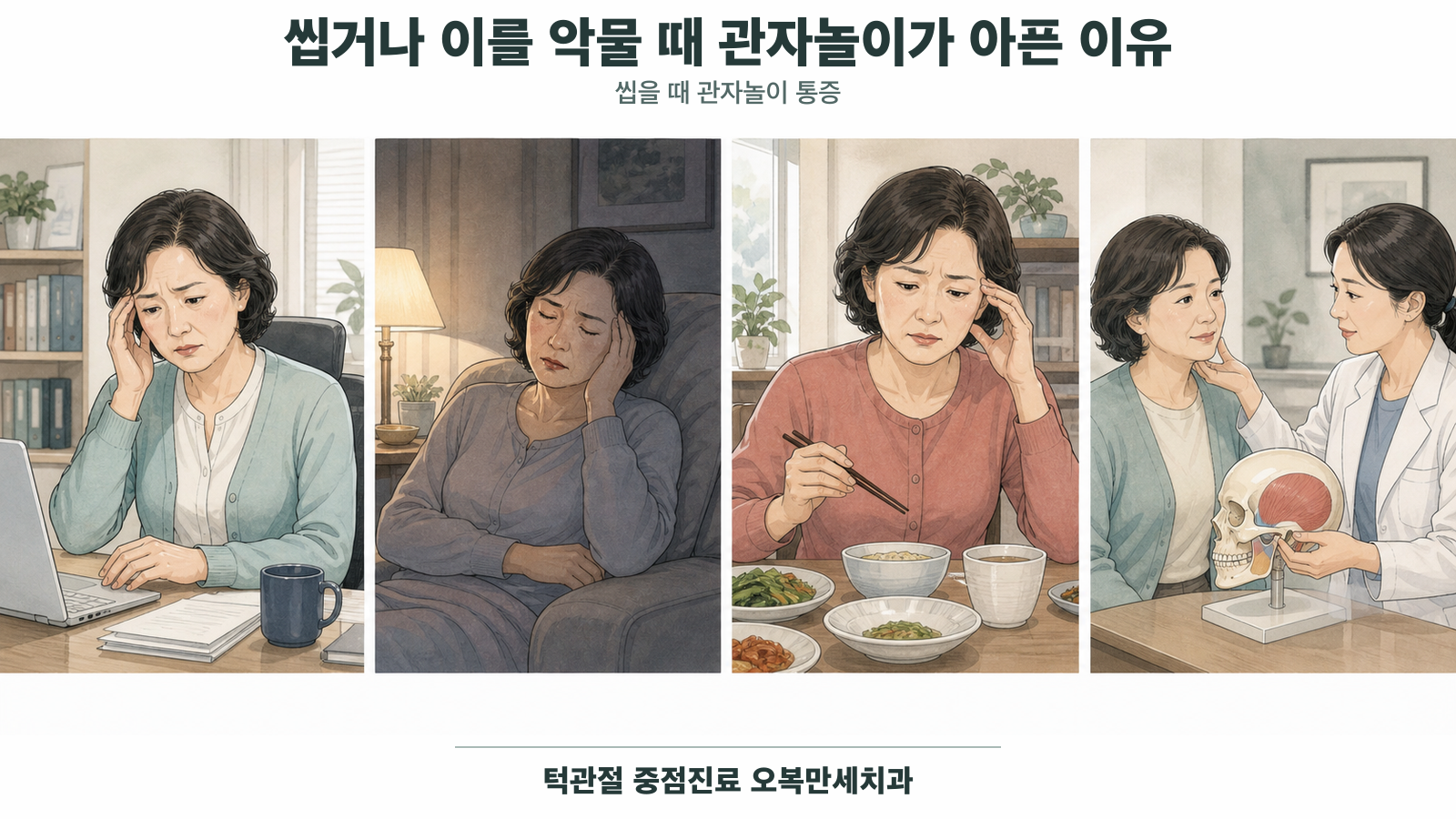 씹기와 이악물기 때 측두근 위치에서 통증이 재현되는지 확인하는 의료 그림