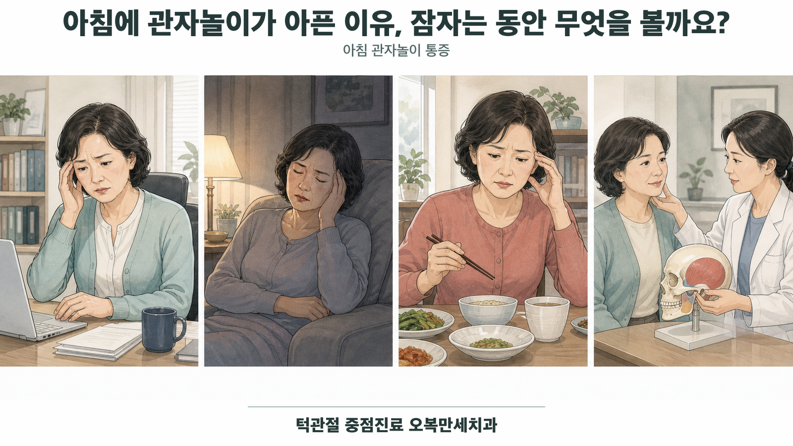 수면 뒤 관자놀이 통증을 턱 근육 활동·수면호흡·다른 두통으로 나누는 의료 그림