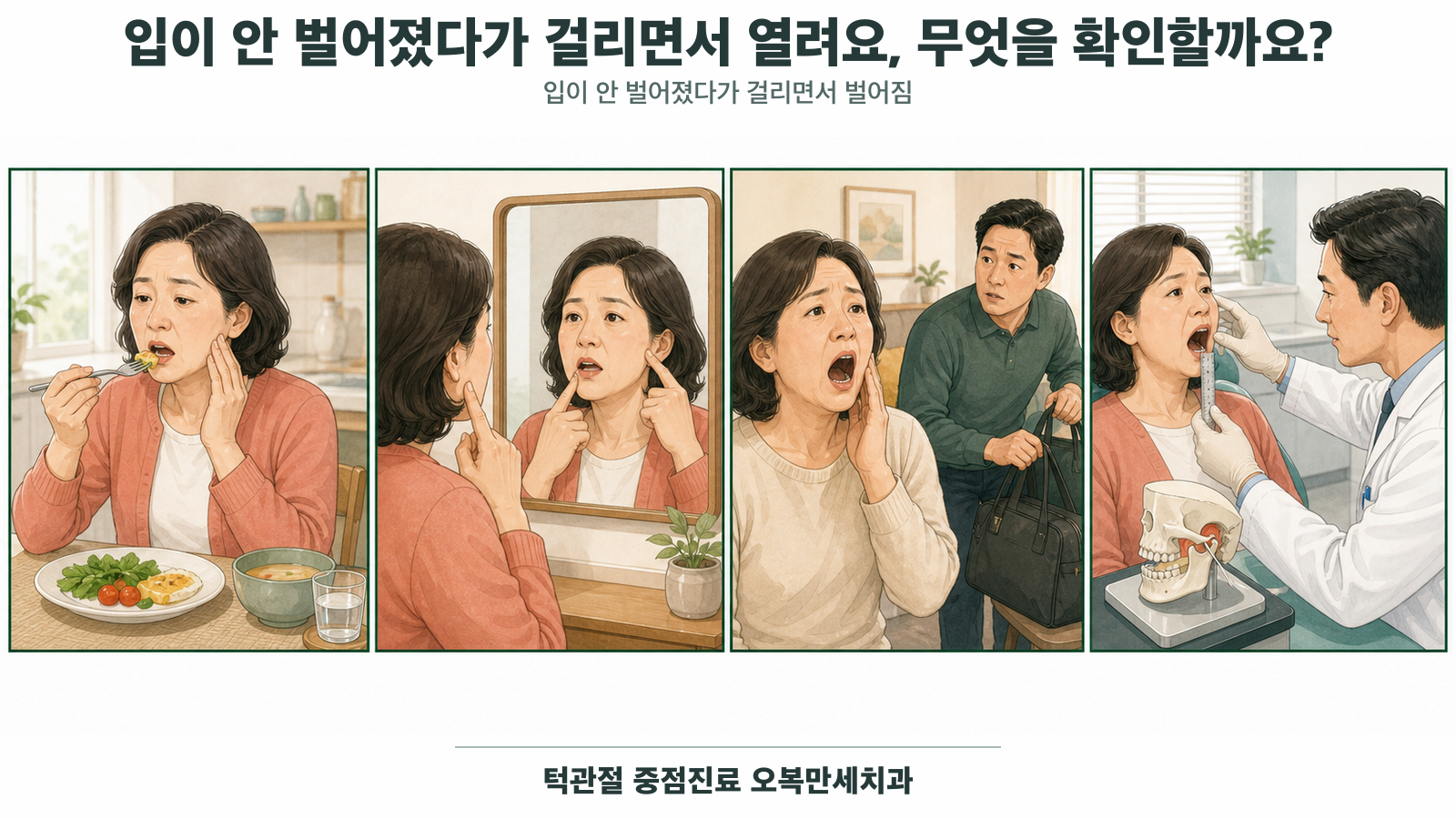 입이 열리는 과정에서 턱이 걸리는 지점을 기록하고 진료실에서 턱 움직임을 확인하는 의료 그림