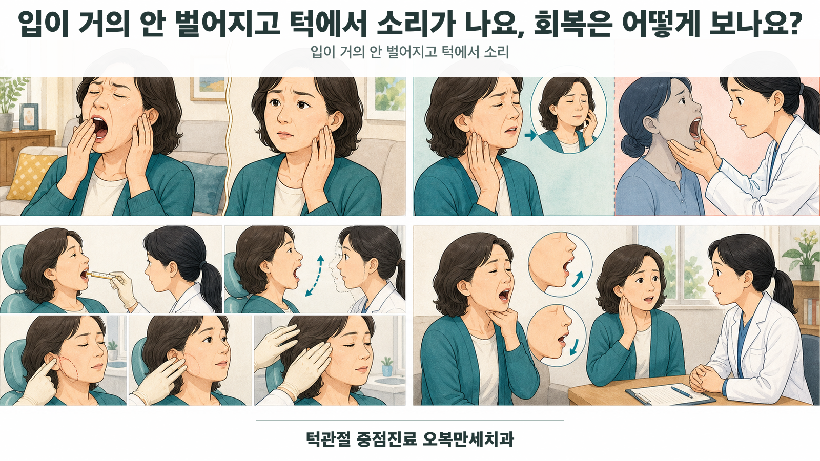 입 벌림 범위와 좌우 턱의 소리·통증 변화를 기록하고 의료진이 턱 움직임을 설명하는 그림