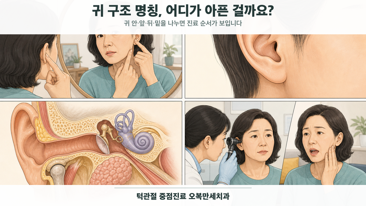 거울로 귀 앞·뒤·밑 위치를 확인하는 중년 여성이 귓바퀴와 외이도, 중이와 내이, 귀 앞 턱관절과 귀밑 이하선의 관계를 살펴보고 이비인후과 검사를 받는 4칸 의료 웹툰