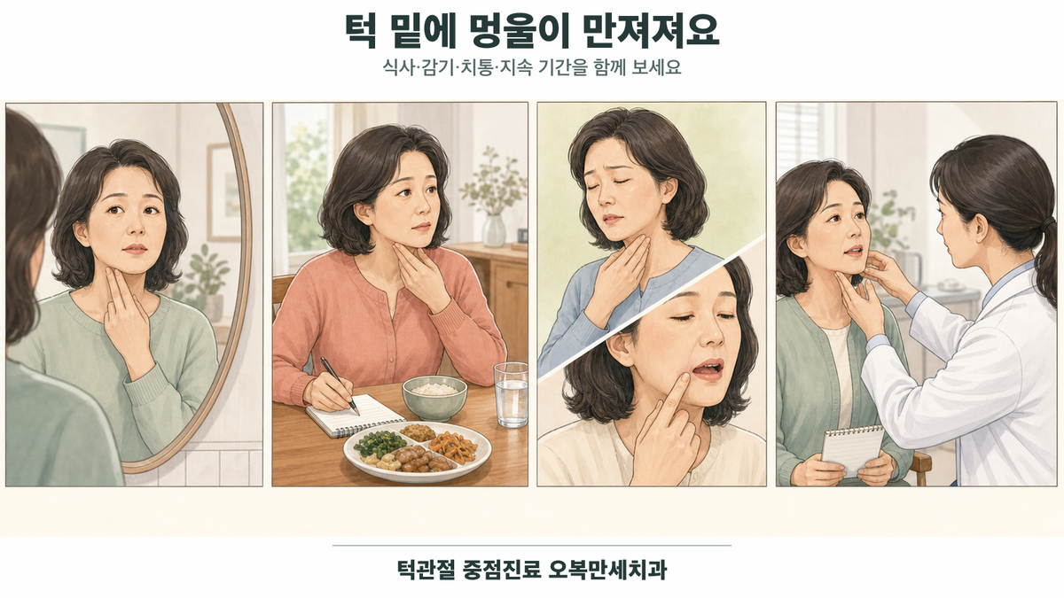 턱 밑에 작은 멍울을 발견한 중년 여성이 식사 전후 변화를 기록하고 목·치아 증상을 확인한 뒤 의료진에게 진찰받는 4칸 의료 웹툰