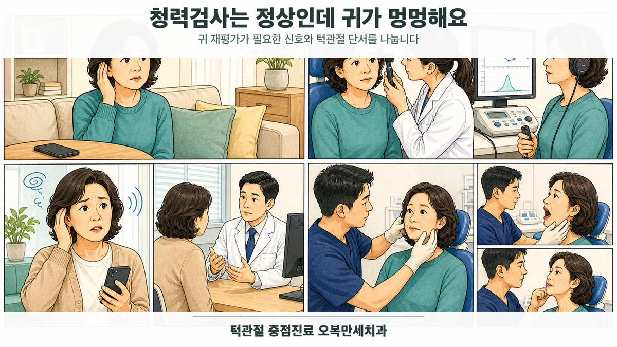 청력검사는 정상이지만 귀가 멍멍한 중년 여성이 이비인후과 귀·청력 검사를 받고 갑작스러운 청력 변화의 재평가와 턱 기능 검사를 순서대로 확인하는 의료 웹툰