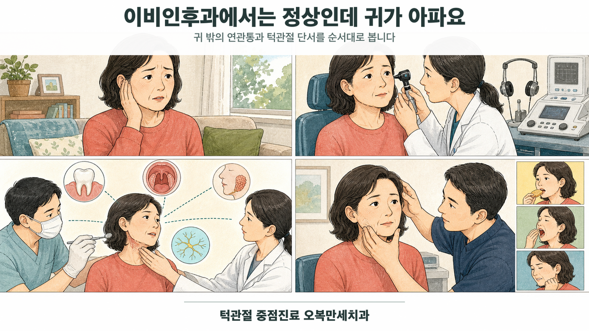 귀가 계속 아픈 중년 여성이 이비인후과 귀 검사를 받고 치아·목·인후의 연관통을 감별한 뒤 턱 움직임과 저작근을 검사하는 4칸 그림형 의료 웹툰