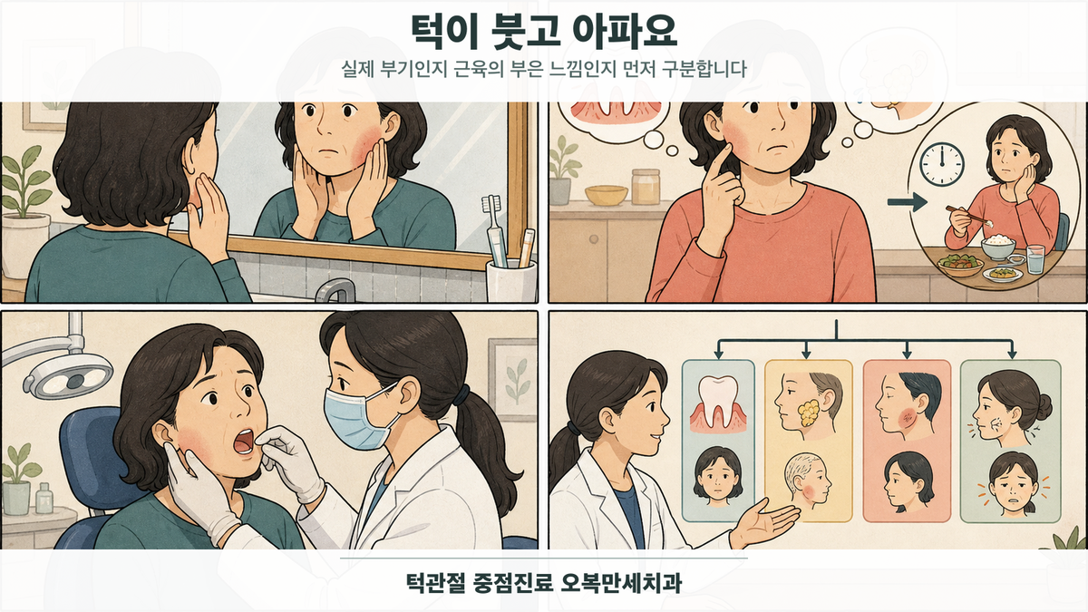 한쪽 턱선이 부었다고 느낀 중년 여성이 치아와 잇몸, 귀밑 침샘 부기, 악물 때 단단해지는 교근을 비교하고 진료받는 4칸 의료 웹툰